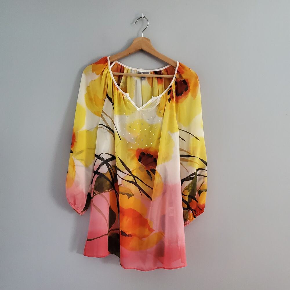 JM Collection Colorful Sheer Bling Floral Pullover  Blouse Top L